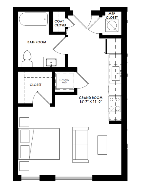 a floor plan of a small house with a bedroom and a living room